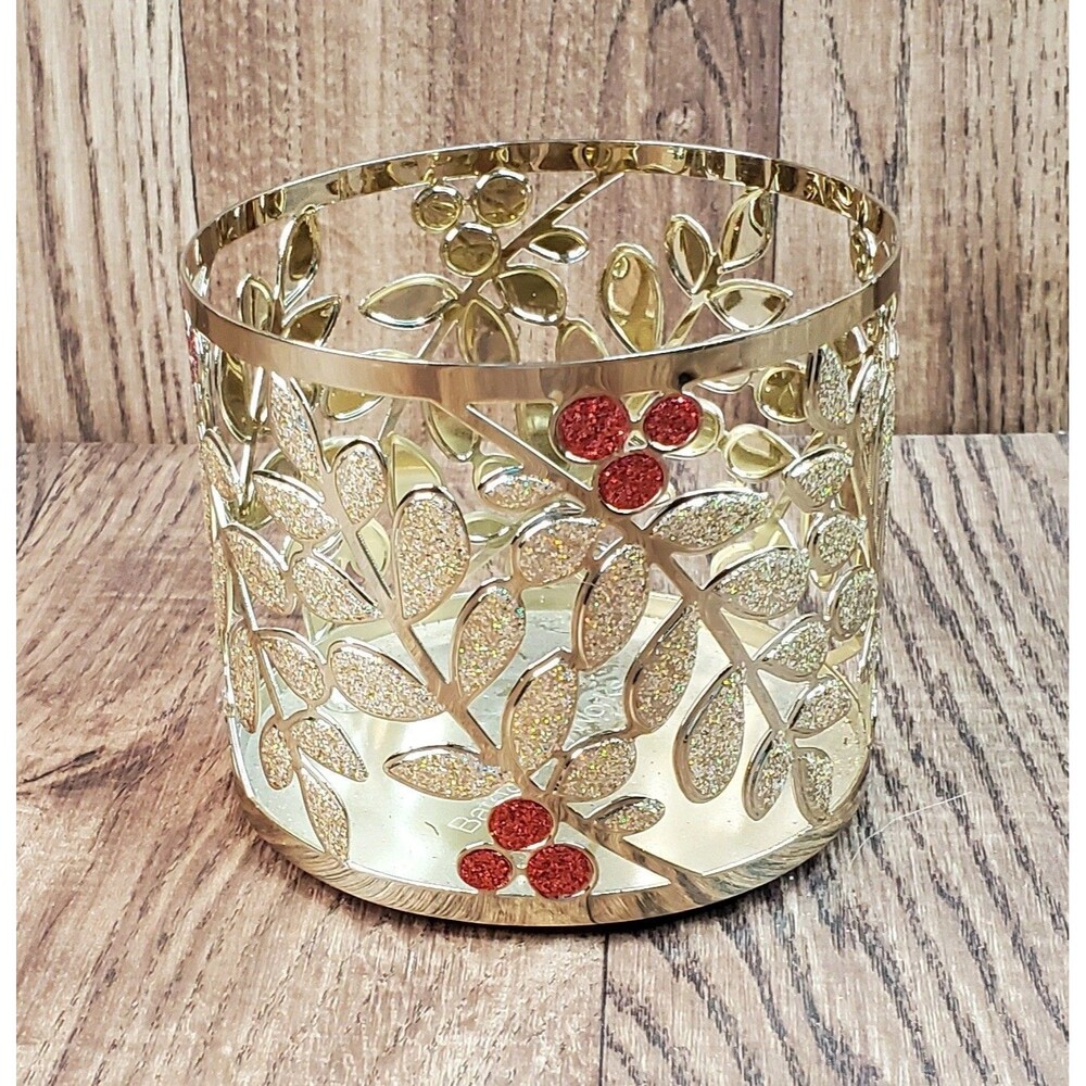 Bath & Body Works Gold Glitter Red Berry Leaf Candle Holder 14.5 oz Sleeve